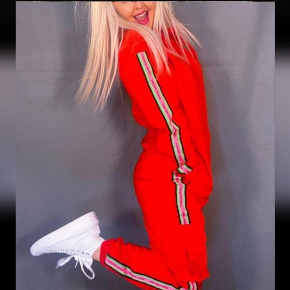 Stylish Red Jumpsuit with Side Stripes